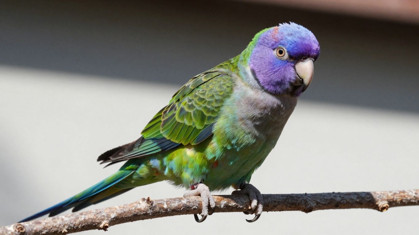 Plum-headed parakeet perched on a branch, vibrant colors.