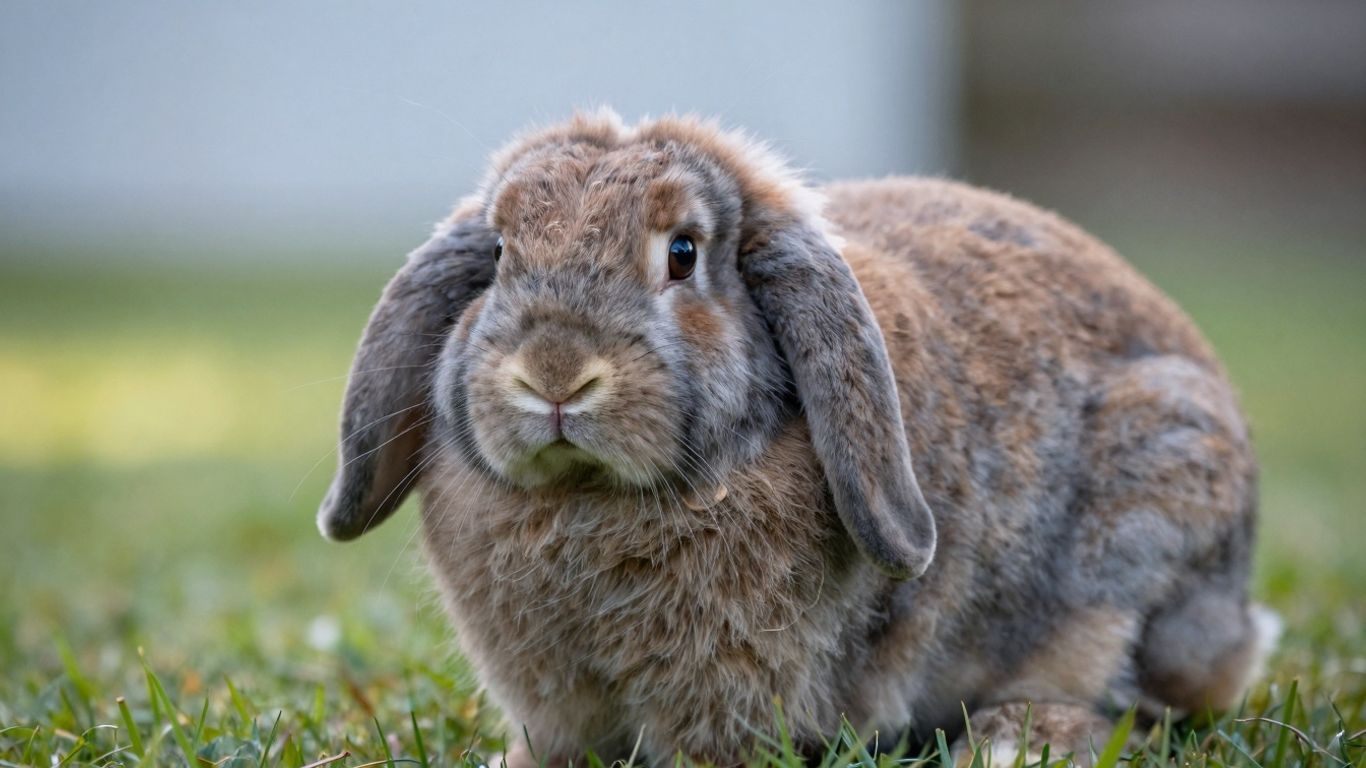 Fluffy Flemish Giant bunny with large ears on green grass.