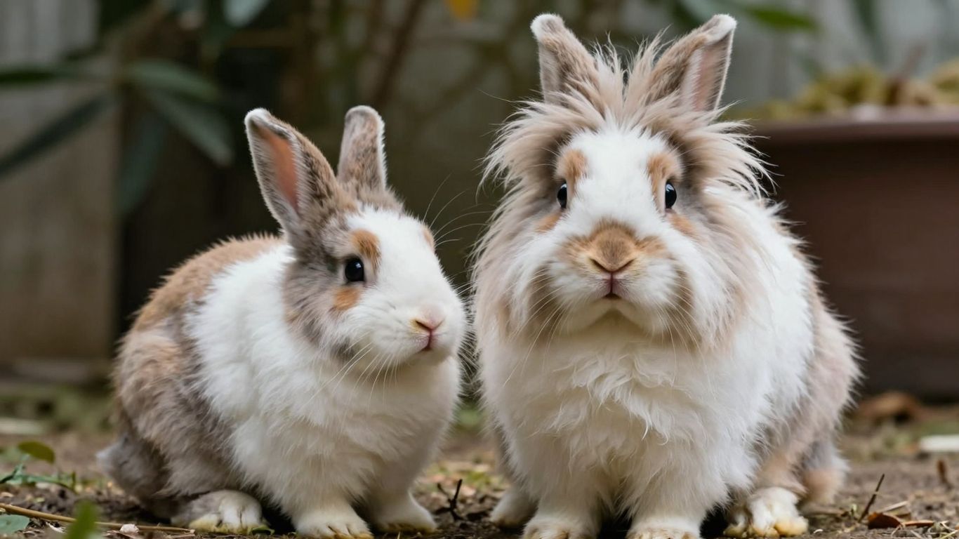 Two adorable Lionhead rabbits, male and female, looking at the camera.