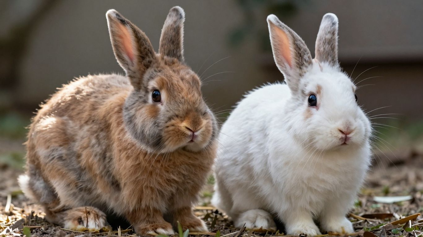 Two Netherland Dwarf rabbits, one brown, one white.