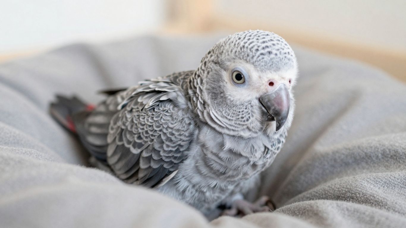 Baby African Grey parrot in soft bedding.