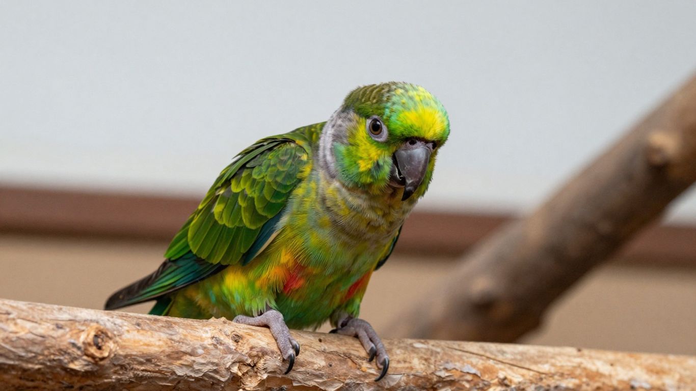 Baby conure parrot on a wooden perch.
