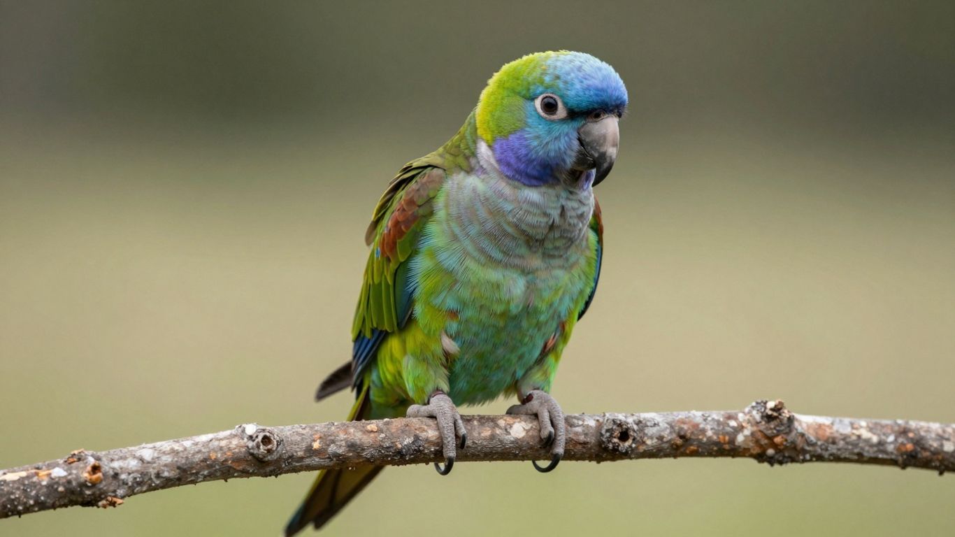 Bronze Winged Pionus parrot perched on a branch.