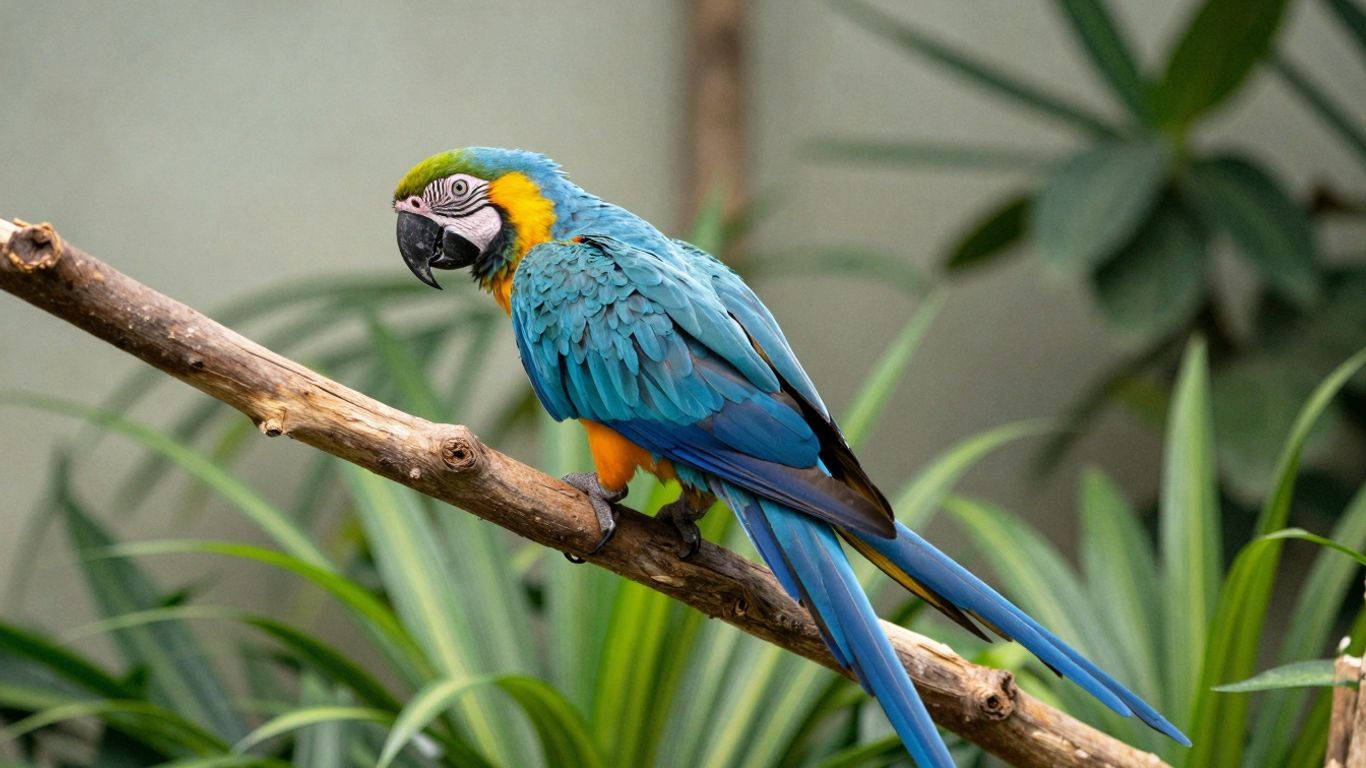 Baby blue and gold macaw perched on branch