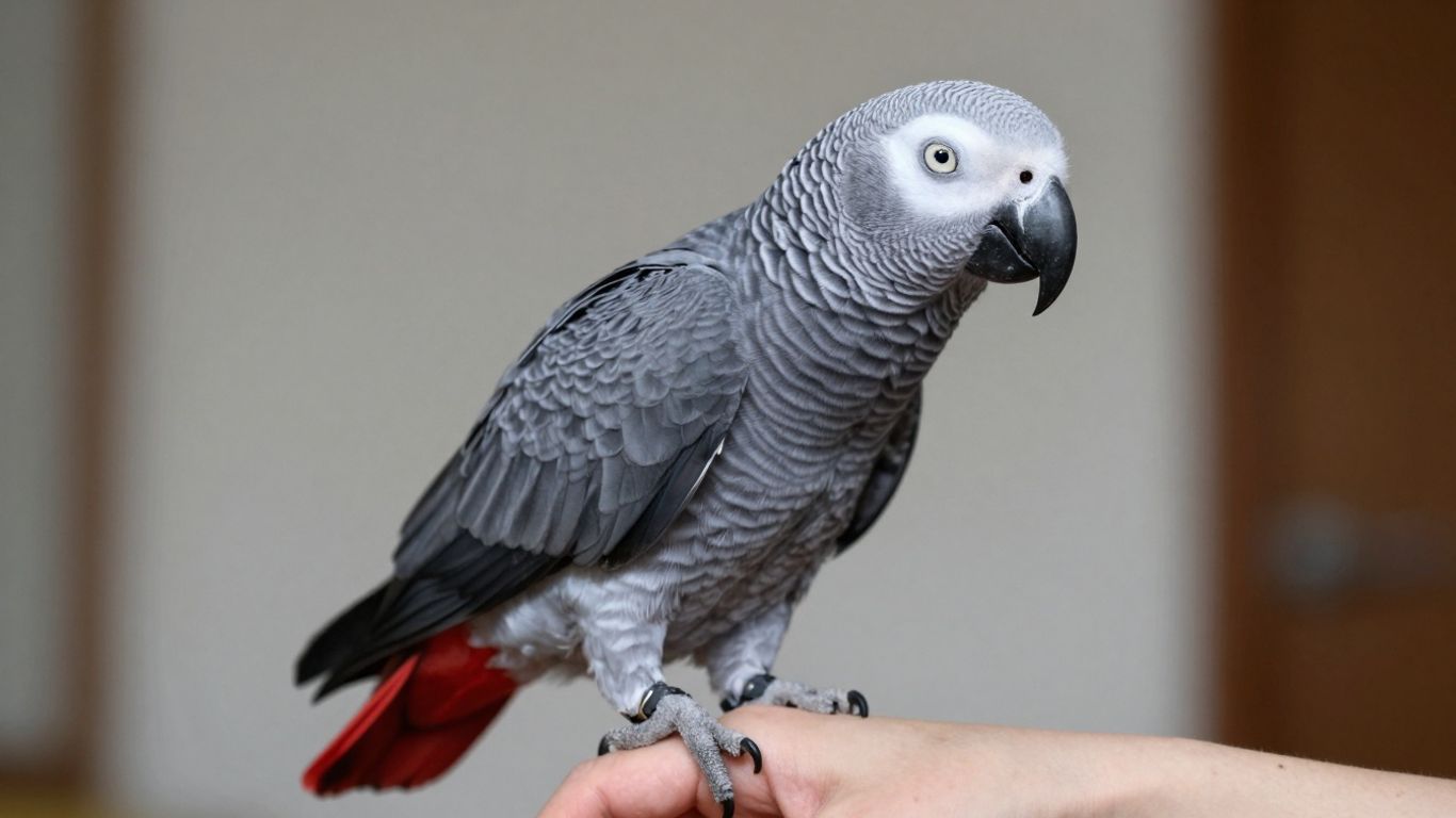 African Grey parrot perched on a hand