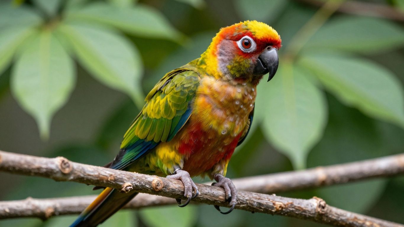 Brown Throated Conure bird perched on a branch.