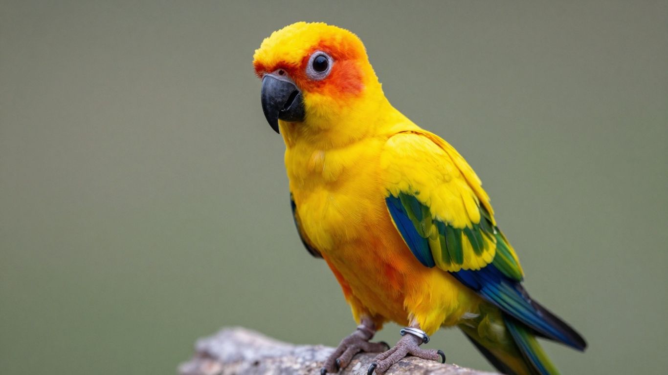 Golden Conure bird with yellow, blue, and green feathers.
