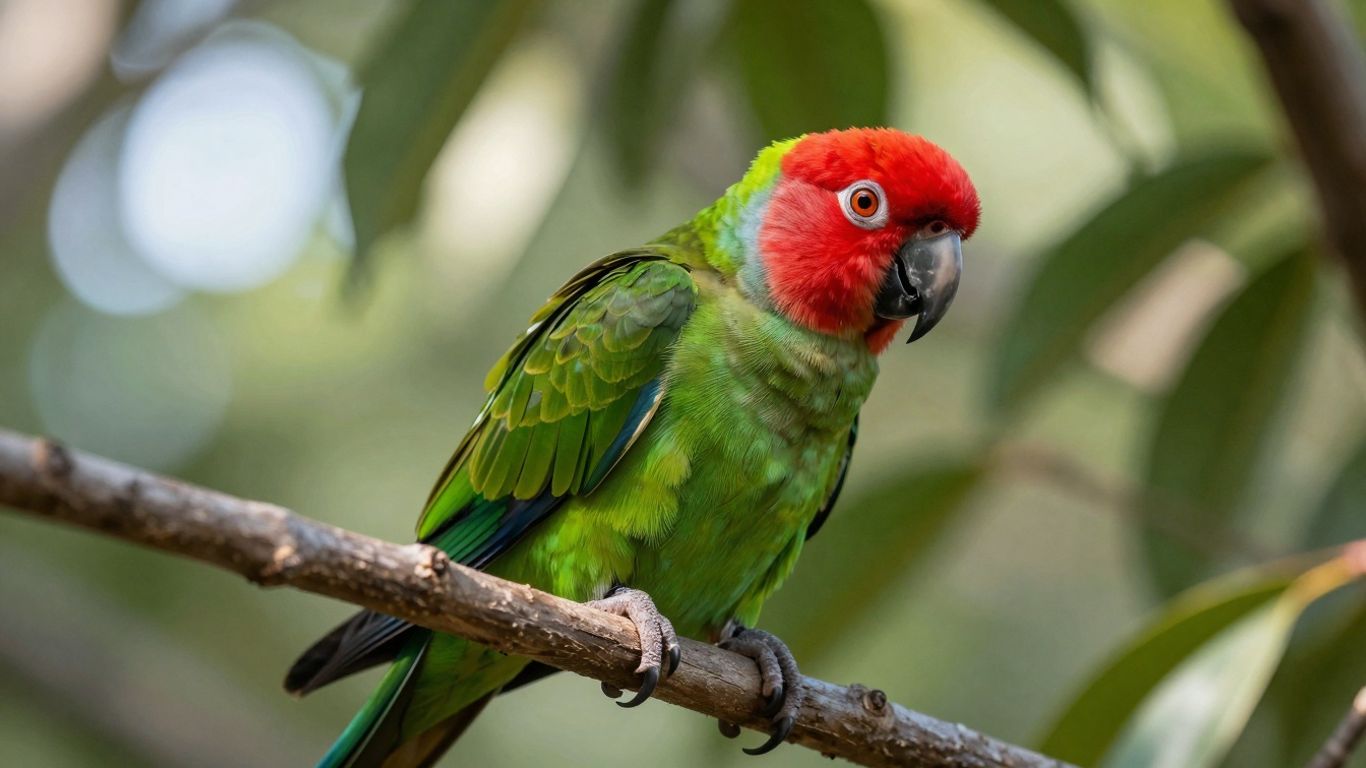 Cherry-headed conure bird perched on a branch.