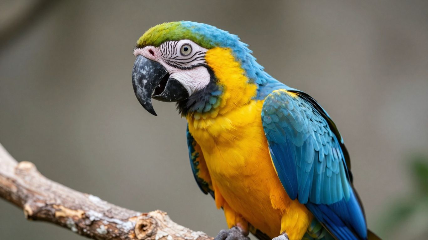 Hyacinth macaw perched on a branch, vibrant blue and yellow.